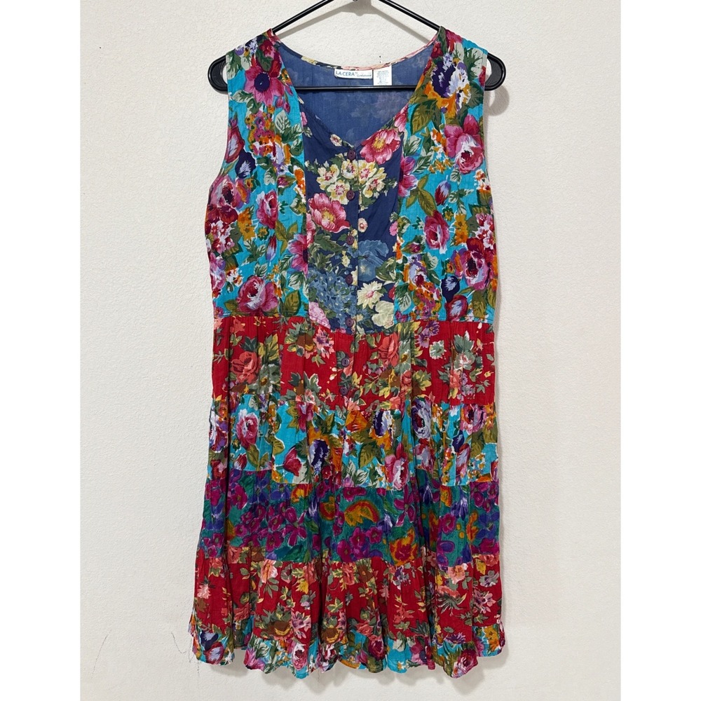 La Cera Comfortwear Patchwork Floral Dress Medium Tiered Cotton Vintage